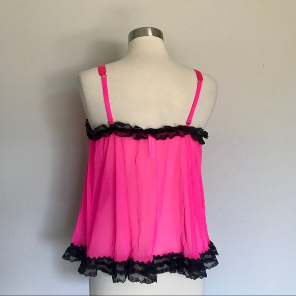 Victoria’s Secret Hot Pink Baby Doll Lingerie Semi-Sheer Top Medium Black Retro - Picture 5 of 8